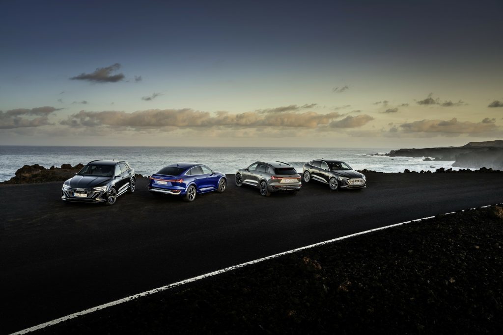 Static photo, Colour: Mythos Black metallic, Audi SQ8 Sportback e-tron Colour: Ultra Blue metallic, Audi SQ8 e-tron Colour: Chronos Gray metallic, Audi Q8 Sportback 55 e-tron quattro Colour: Madeira Brown metallic.